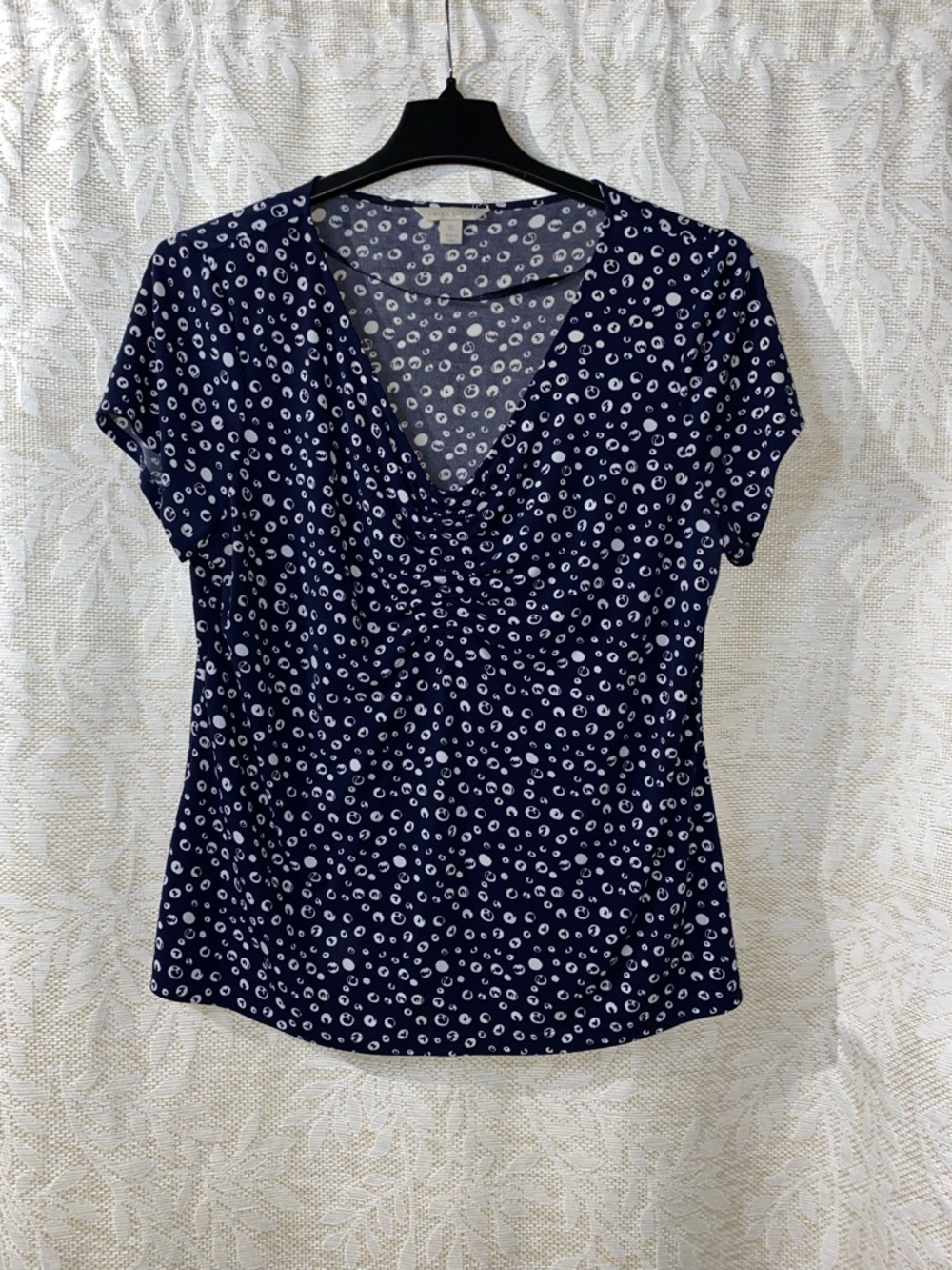 Laura Ashley Navy Short Sleeve V-Neck Top with White Dot Pattern